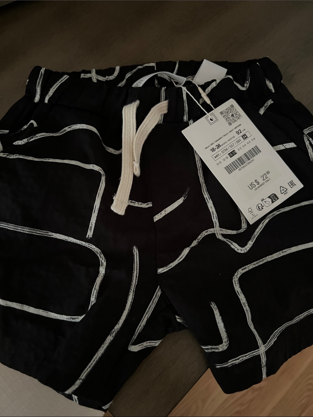 Zara Black Shorts with White Drawstring and Graphic Lines